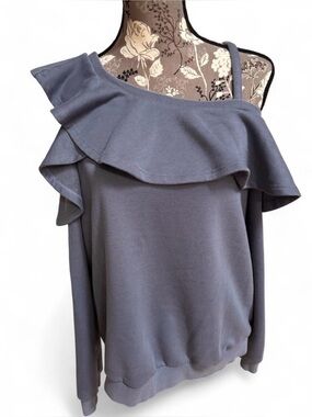 Allison Joy Blue Grey Ruffle Cold shoulder Sweatshirt Women’s Large